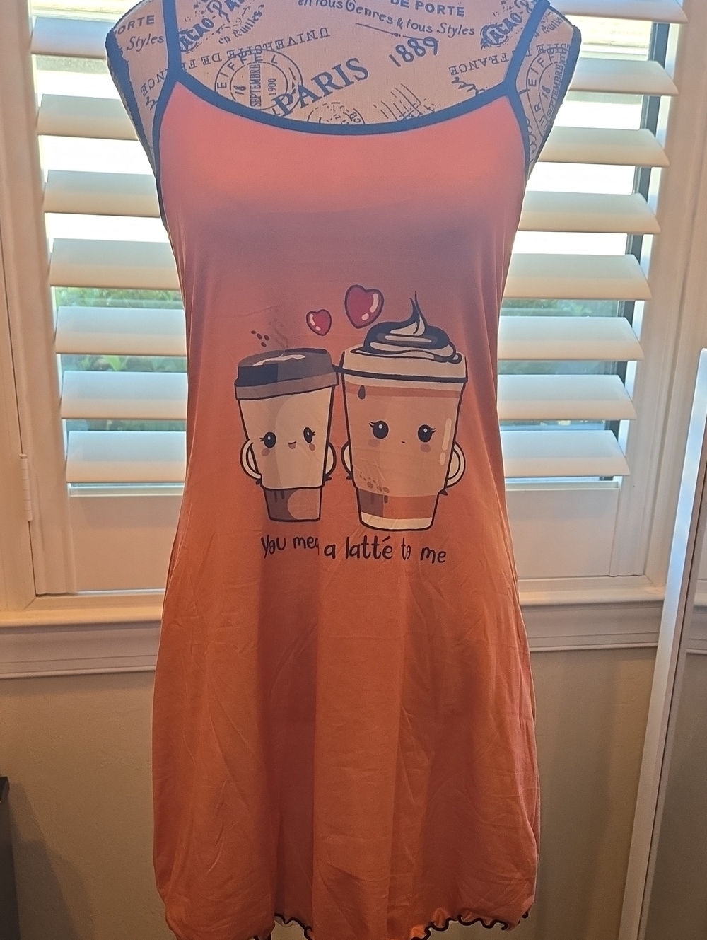 Coffee drinkers dream nightie. Ageless affirdable Stretch cami sleep dress.